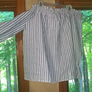 Blue and grey off-the-shoulder blouse